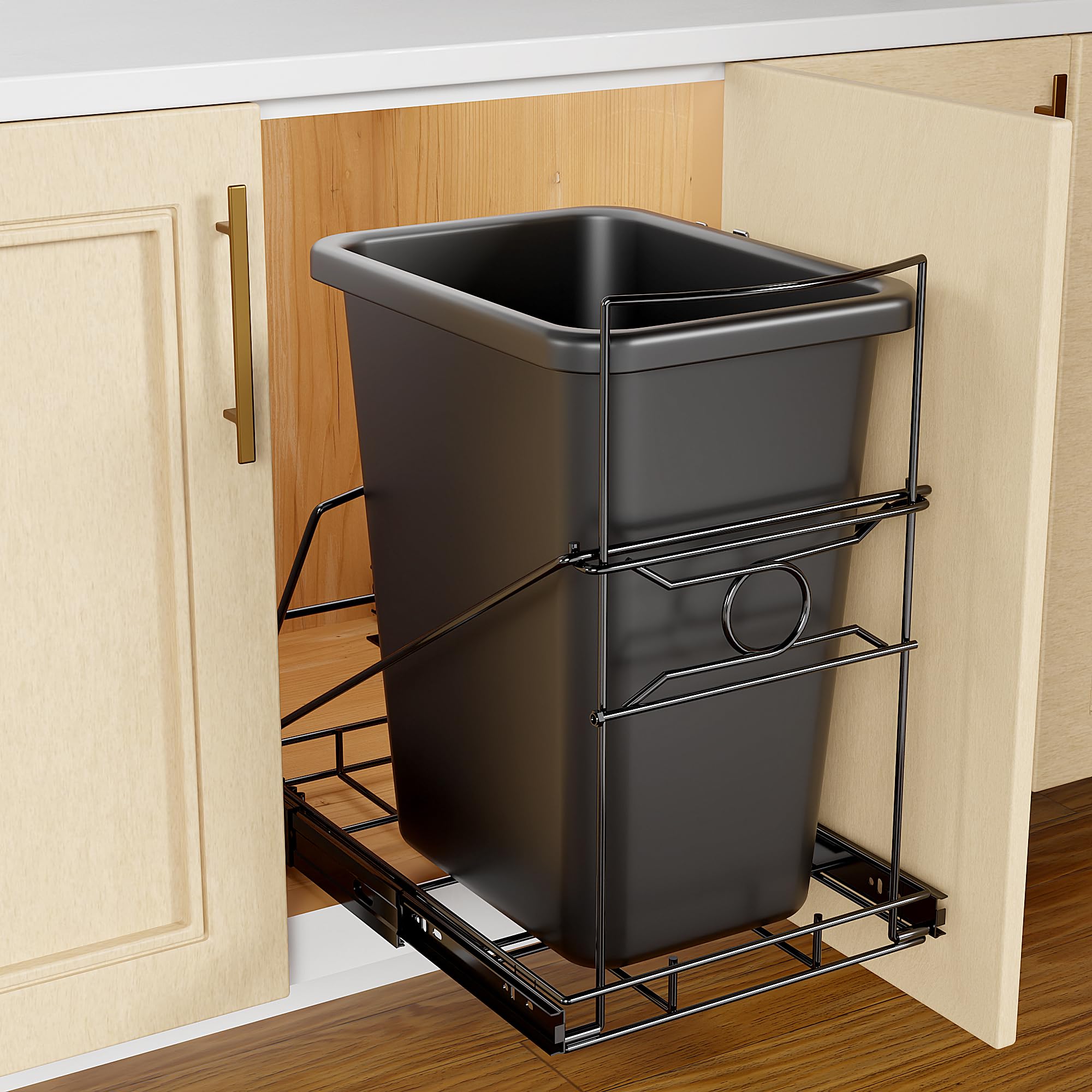 SOCONT vue frontale du support poubelle noir, rangement discret et stable