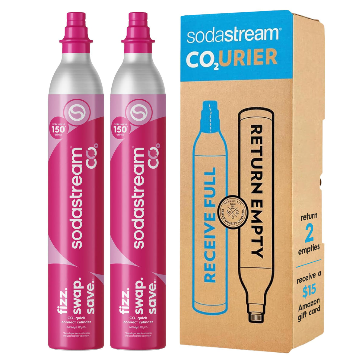 SodaStream cartouche rose devant la boîte pour recharges rapides