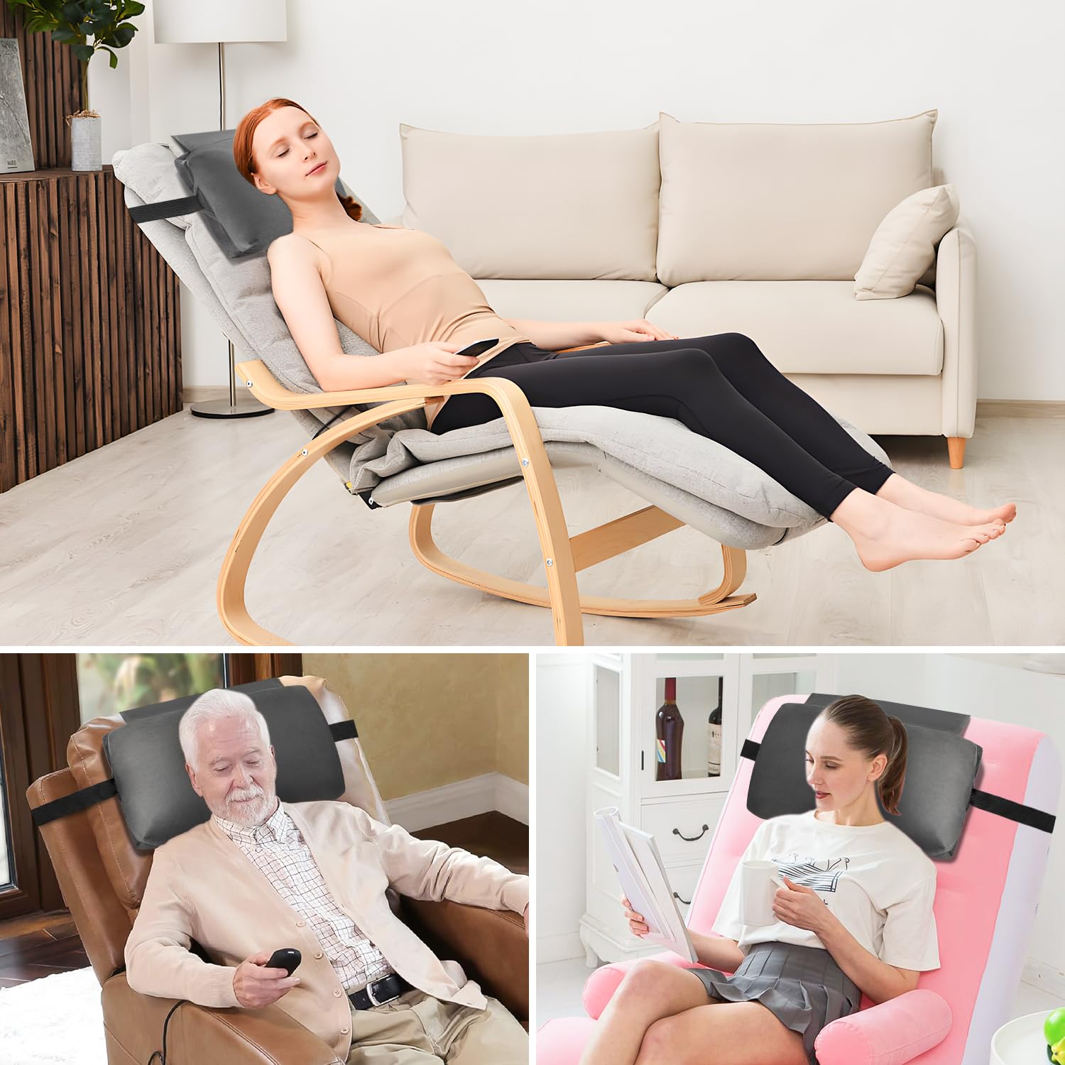 SofGlowly coussin en usage sur fauteuil inclinable offrant soutien visible
