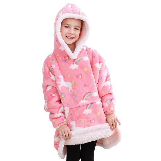 Softan face avant du hoodie couverture licorne rose montrant motif et coupe confortable