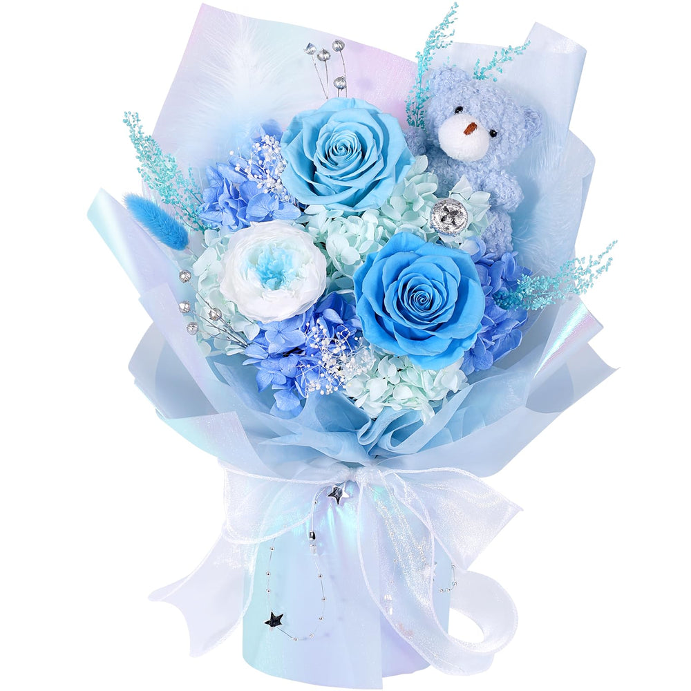 SOLUNOX bouquet face montrant roses bleues et ours, cadeau élégant