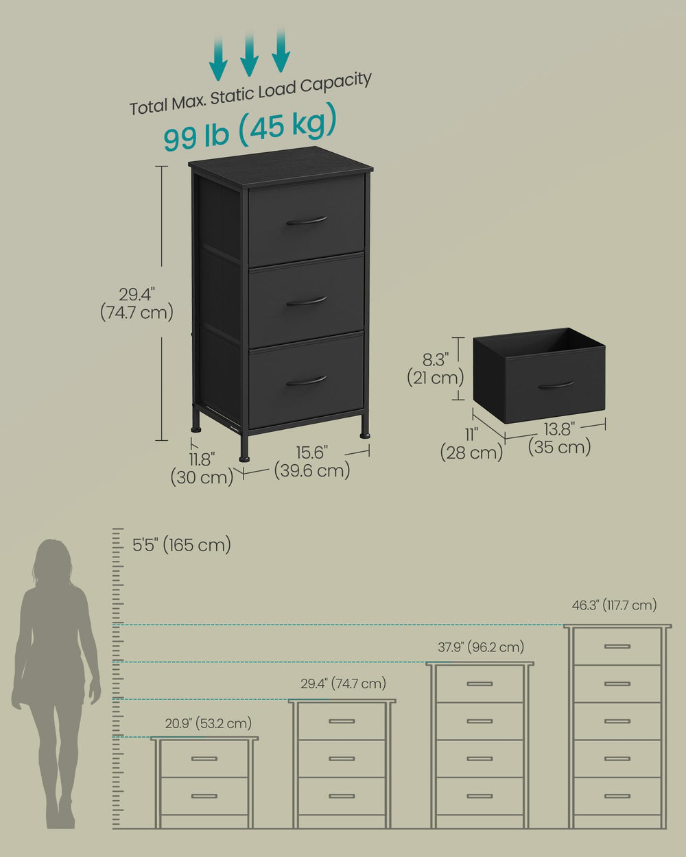 SONGMICS commode à côté d'une règle pour comparaison d'échelle et gain de place