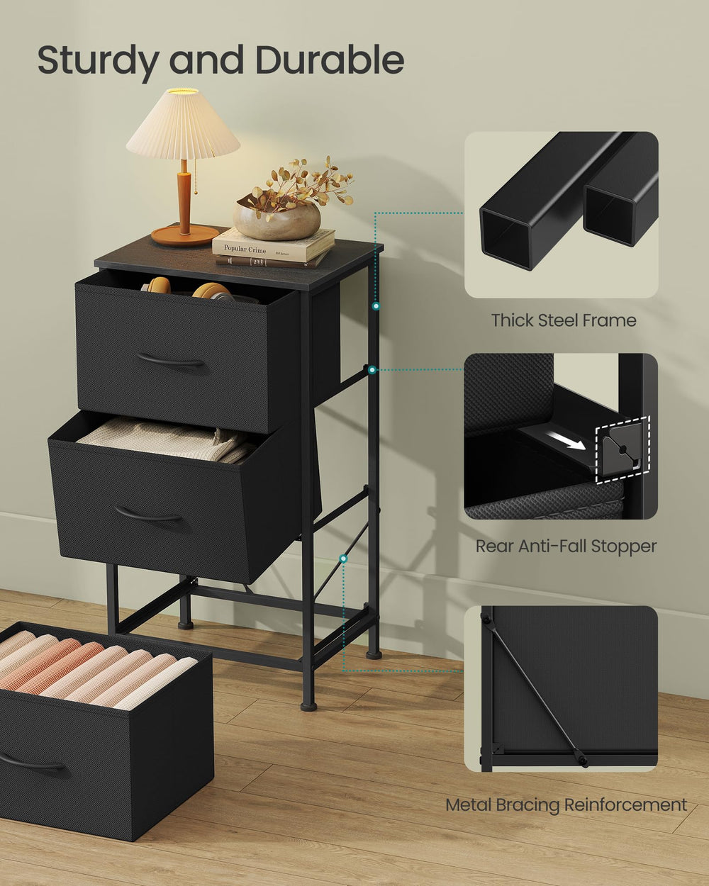 SONGMICS commode intégrée dans chambre moderne montrant esthétique et organisation