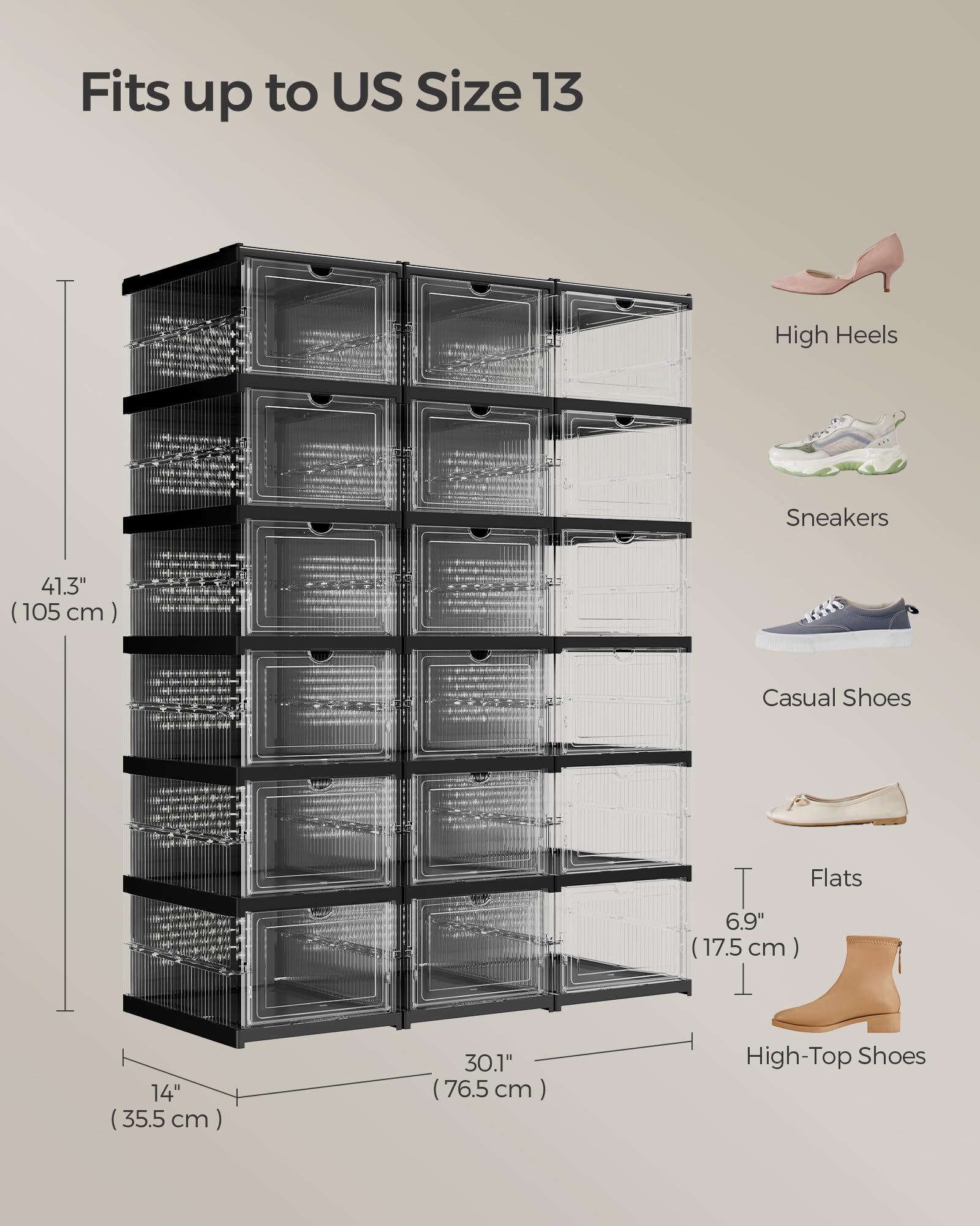 SONGMICS comparaison avec chaussure US 13 montrant capacité et dimensions