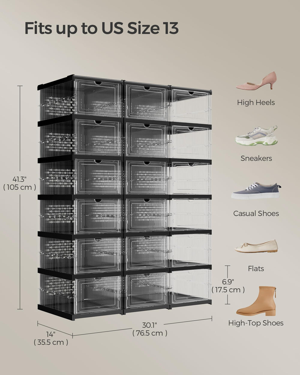 SONGMICS comparaison avec chaussure US 13 montrant capacité et dimensions