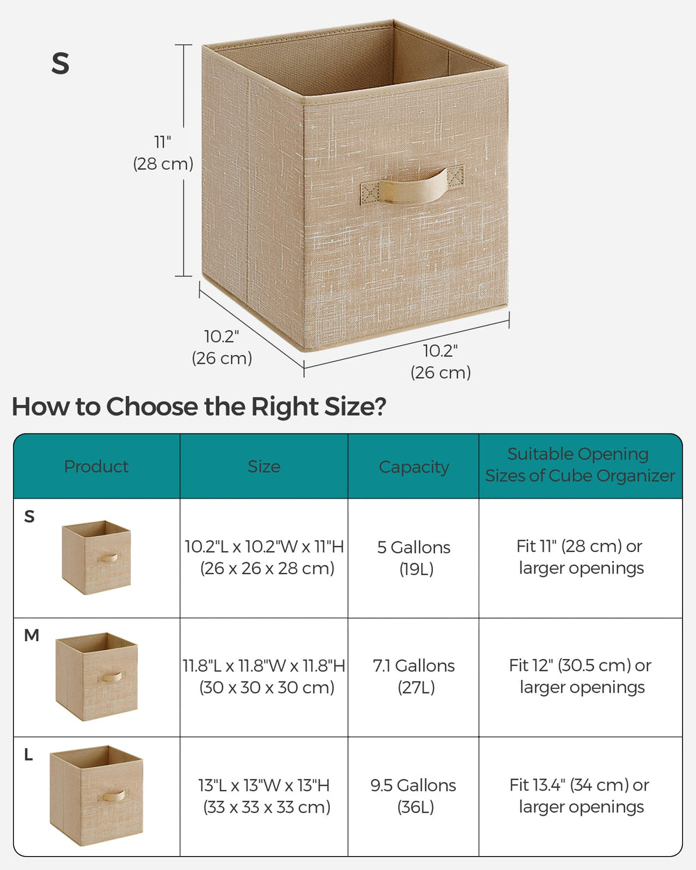 SONGMICS cube à côté d’objets pour échelle, dimensions claires