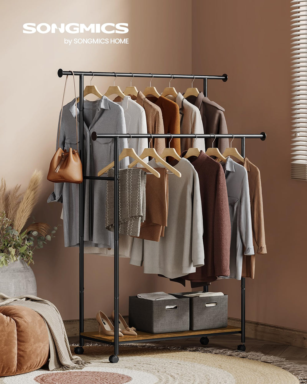SONGMICS gros plan étagère couleur bois illustrant rangement stable