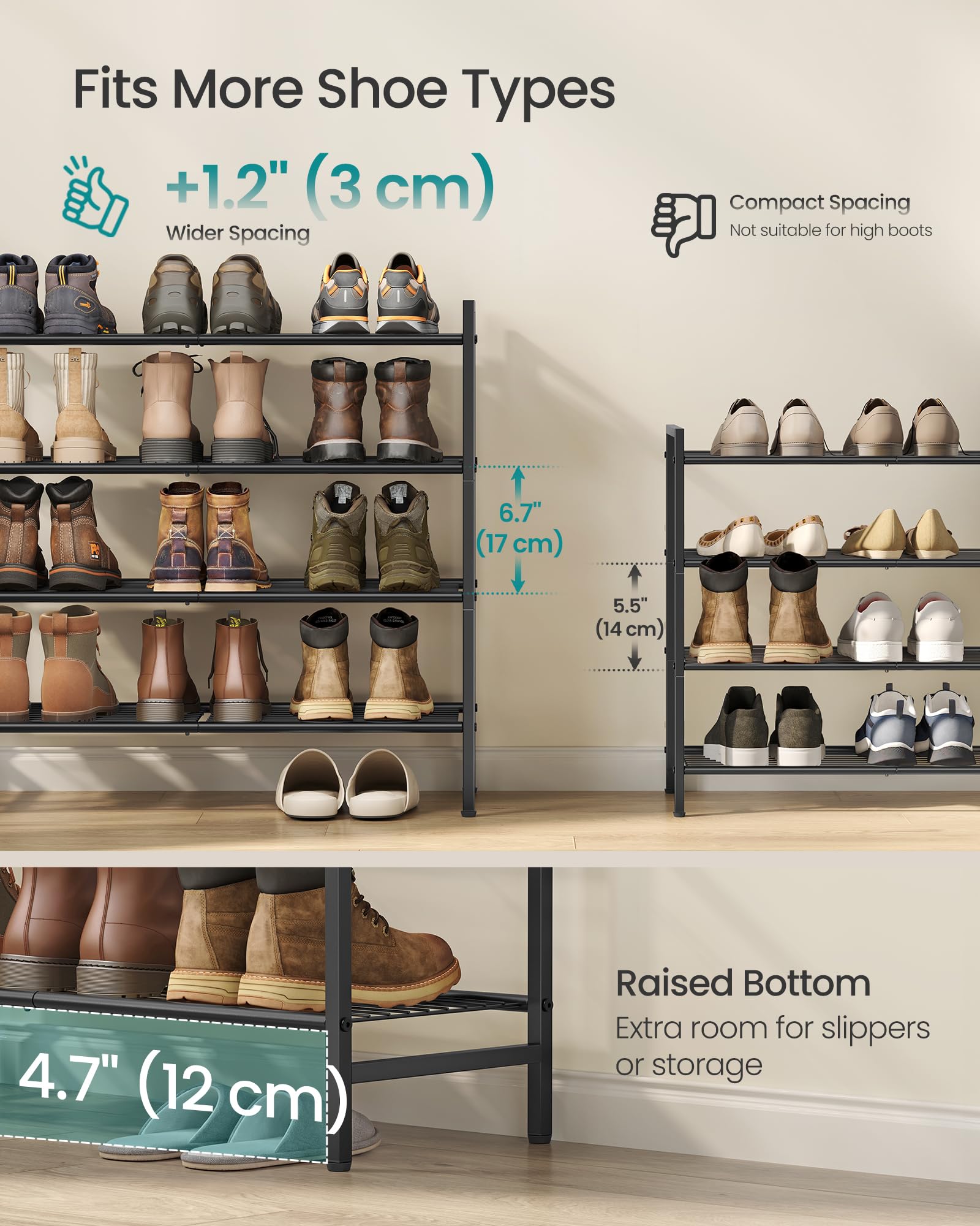 SONGMICS fond surélevé démontrant rangement de chaussons pratique