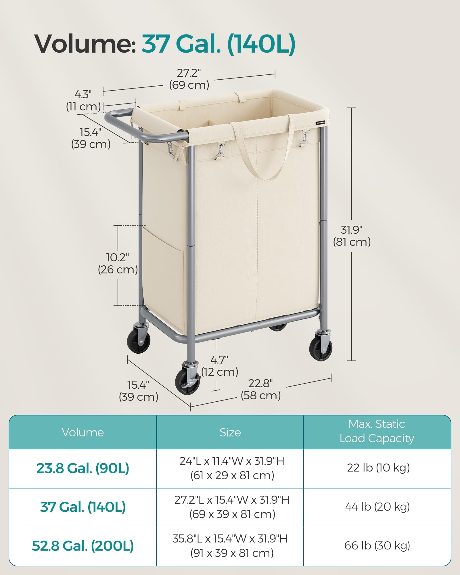 SONGMICS comparaison taille montrant capacité 140 L et dimensions