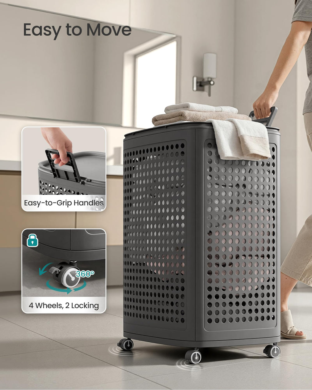 SONGMICS panier rempli montrant capacité 75 L et organisation