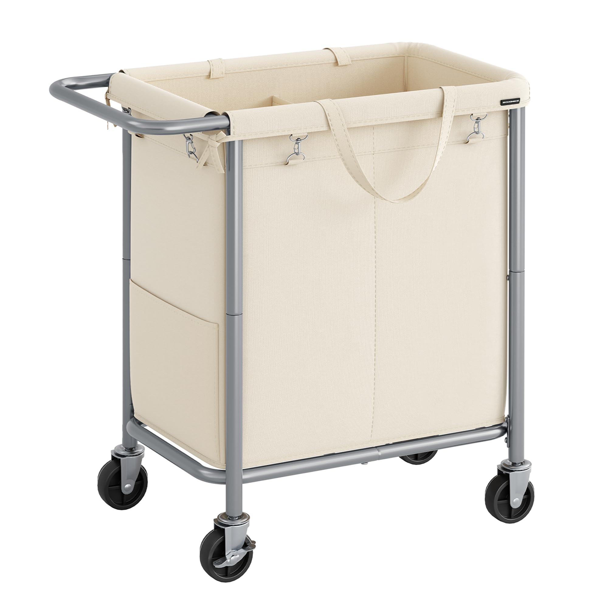 SONGMICS vue avant du panier à linge montrant deux compartiments pratiques
