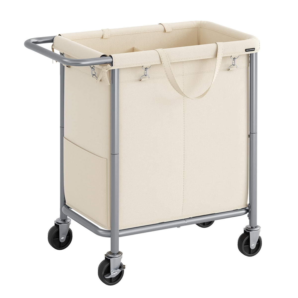SONGMICS vue avant du panier à linge montrant deux compartiments pratiques