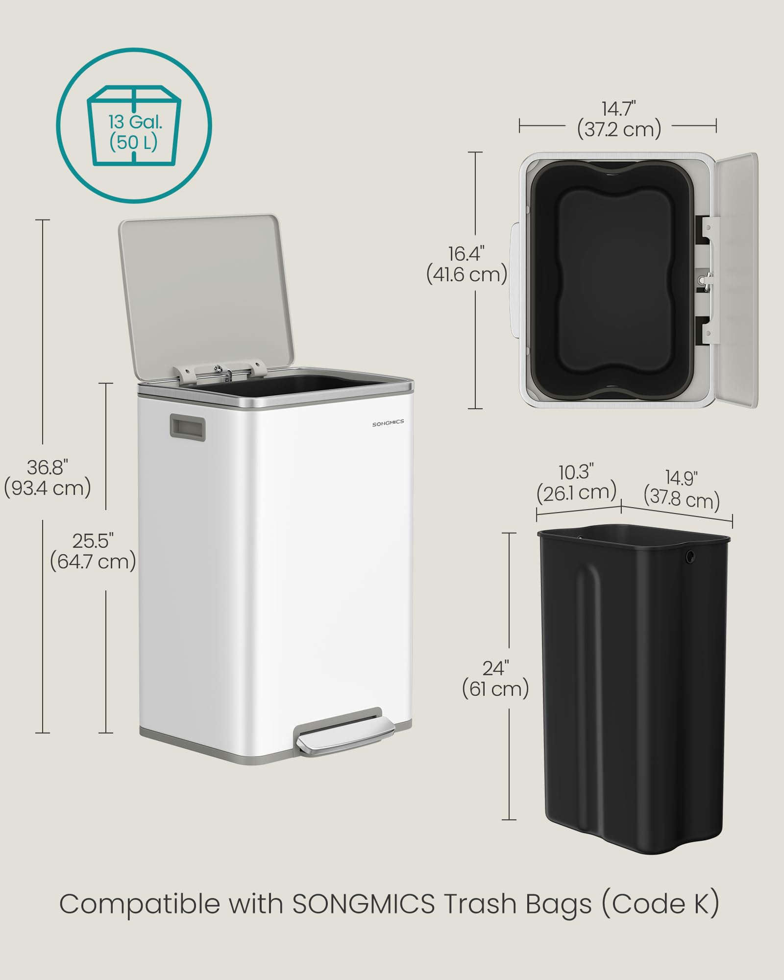 SONGMICS comparaison d'échelle montrant la capacité 50 L adaptée
