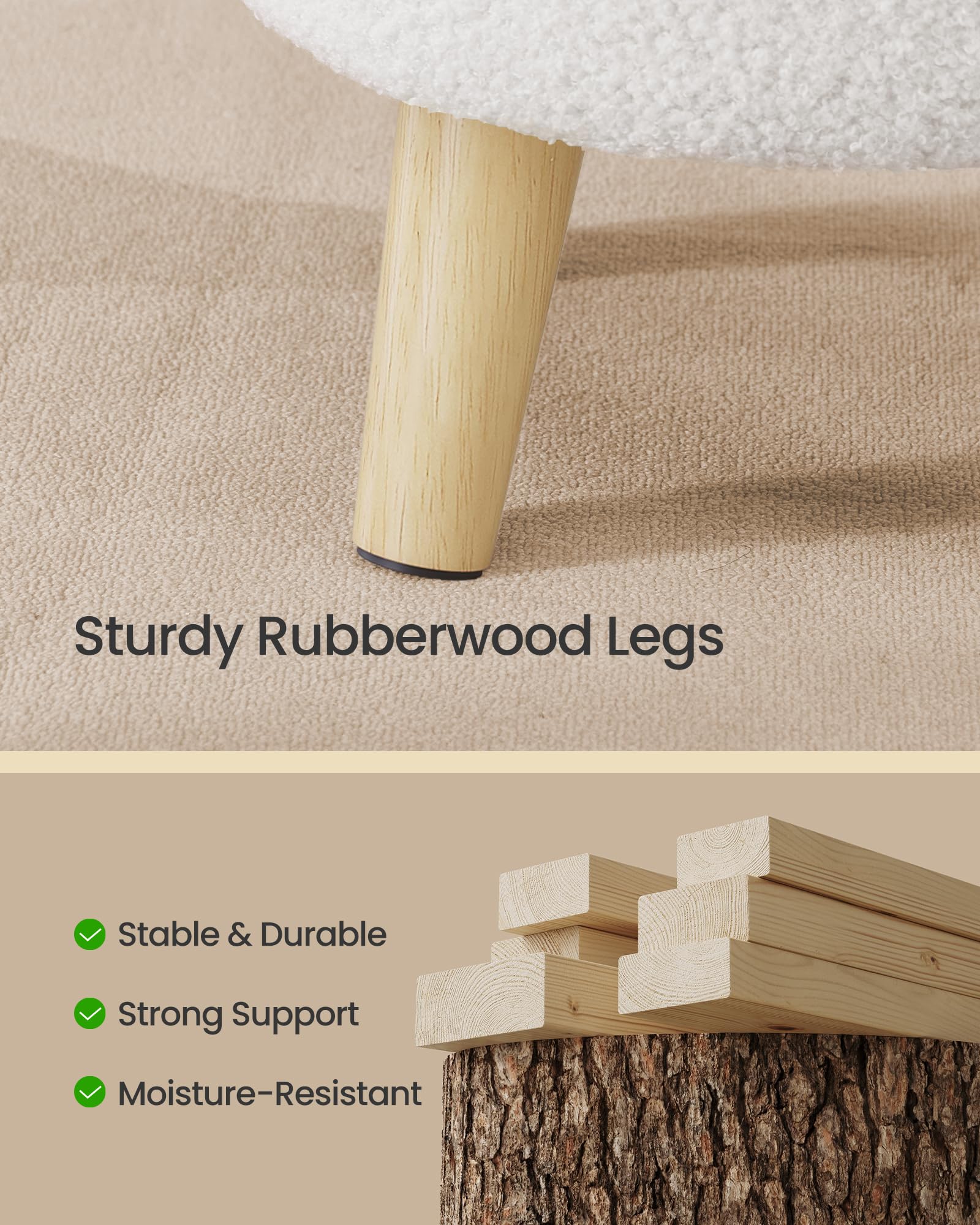 SONGMICS pouf pieds bois montrant stabilité et protection sol