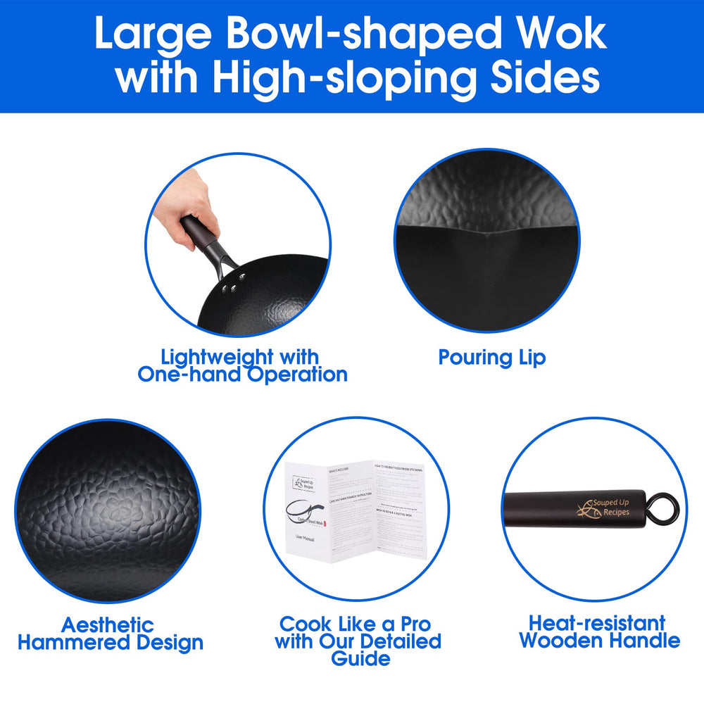 Souped Up Recipes spatule, couvercle en bois et wok montrant ensemble complet