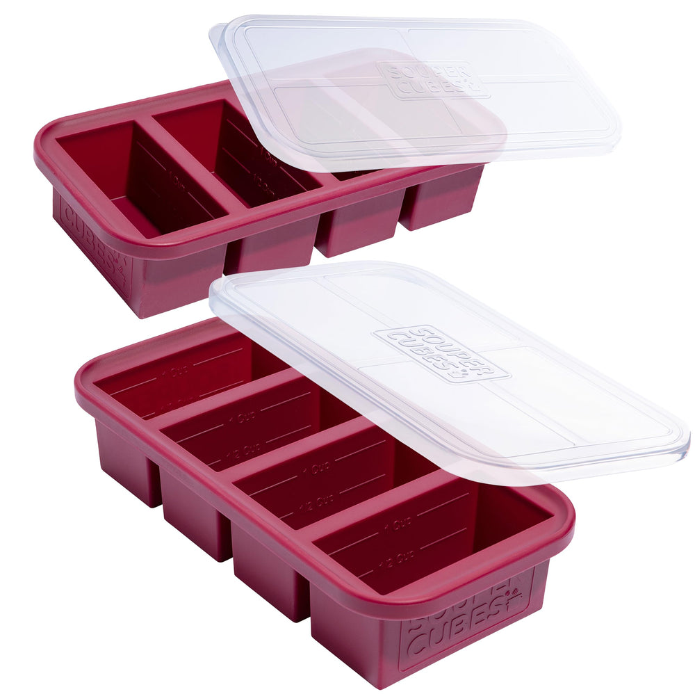 Souper Cubes vue avant du bac cranberry montrant couvercles et empilage pratique