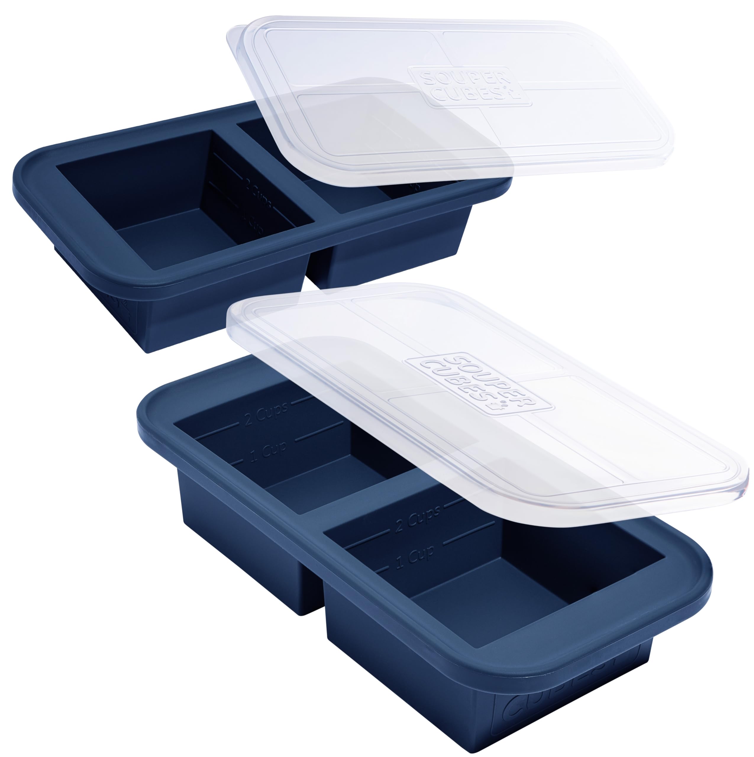 Souper Cubes vue avant du moule bleu avec couvercle, rangement soigné