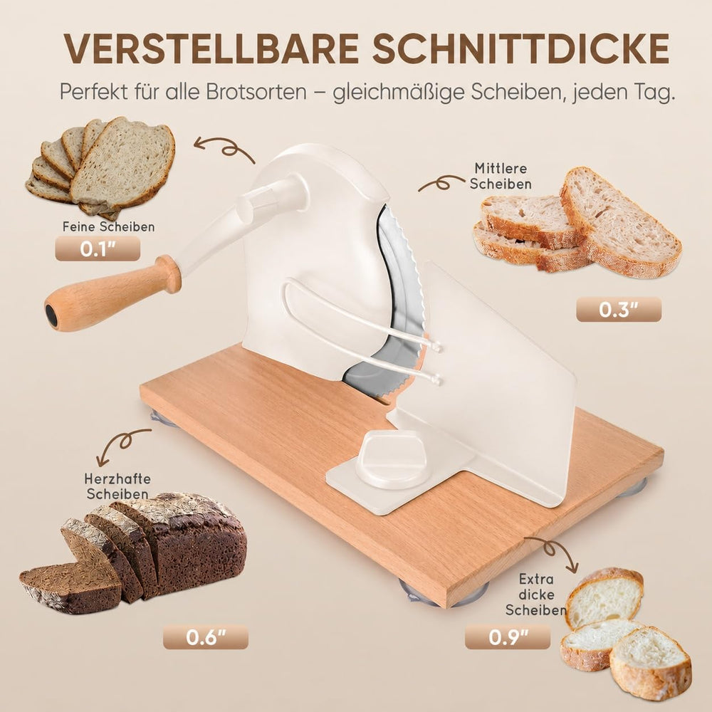 SOWKIPE trancheuse en action avec manivelle coupant une miche pour tranches régulières