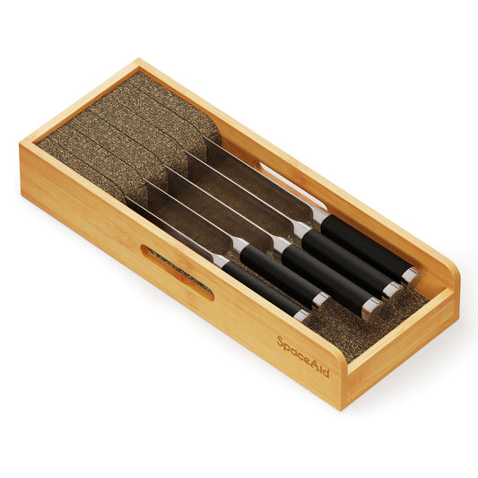SpaceAid vue avant du range-couteaux bambou pour tiroir, maintien organisé