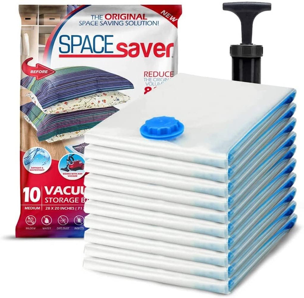 Spacesaver emballage avant montrant le lot de 10 et la pompe pour gain de place
