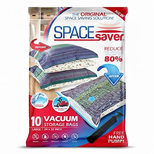 Spacesaver vue du paquet avant montrant les 10 sacs, gain d'espace rapide