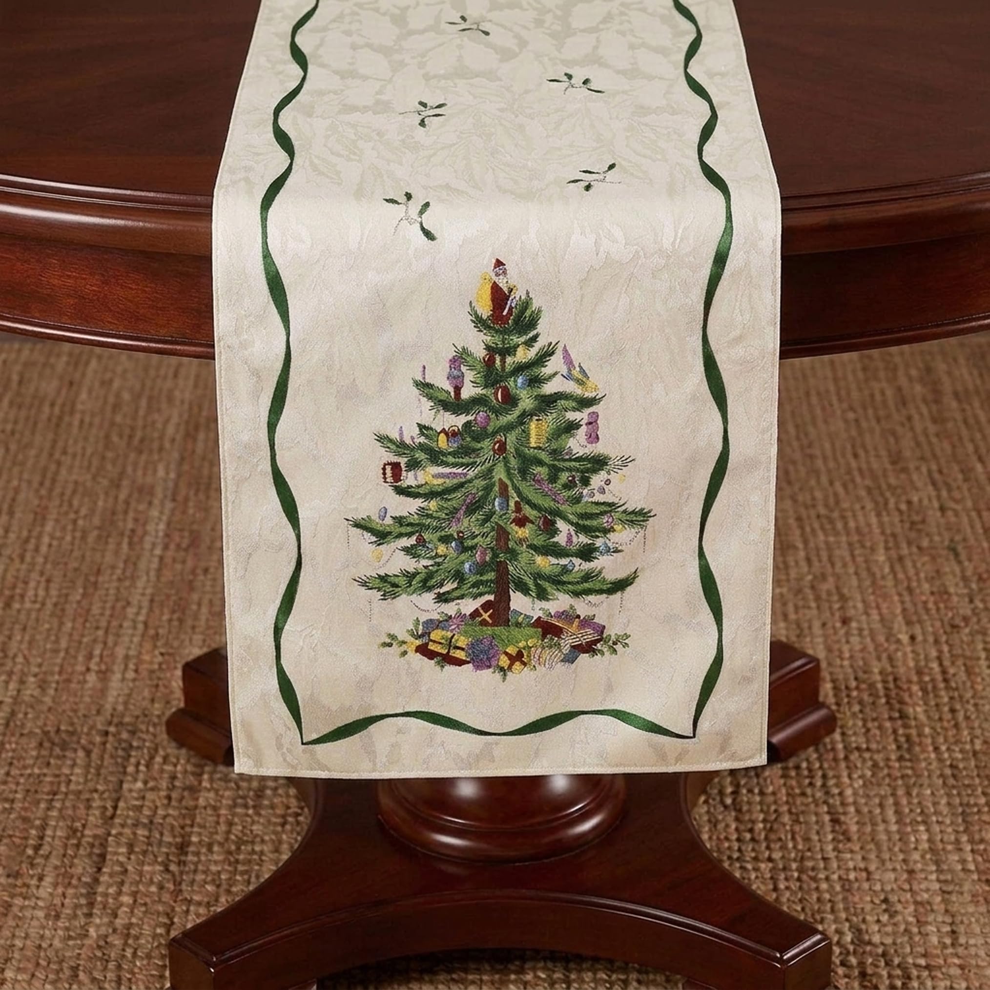 Spode chemin de table face montrant motif sapin et houx pour une table festive