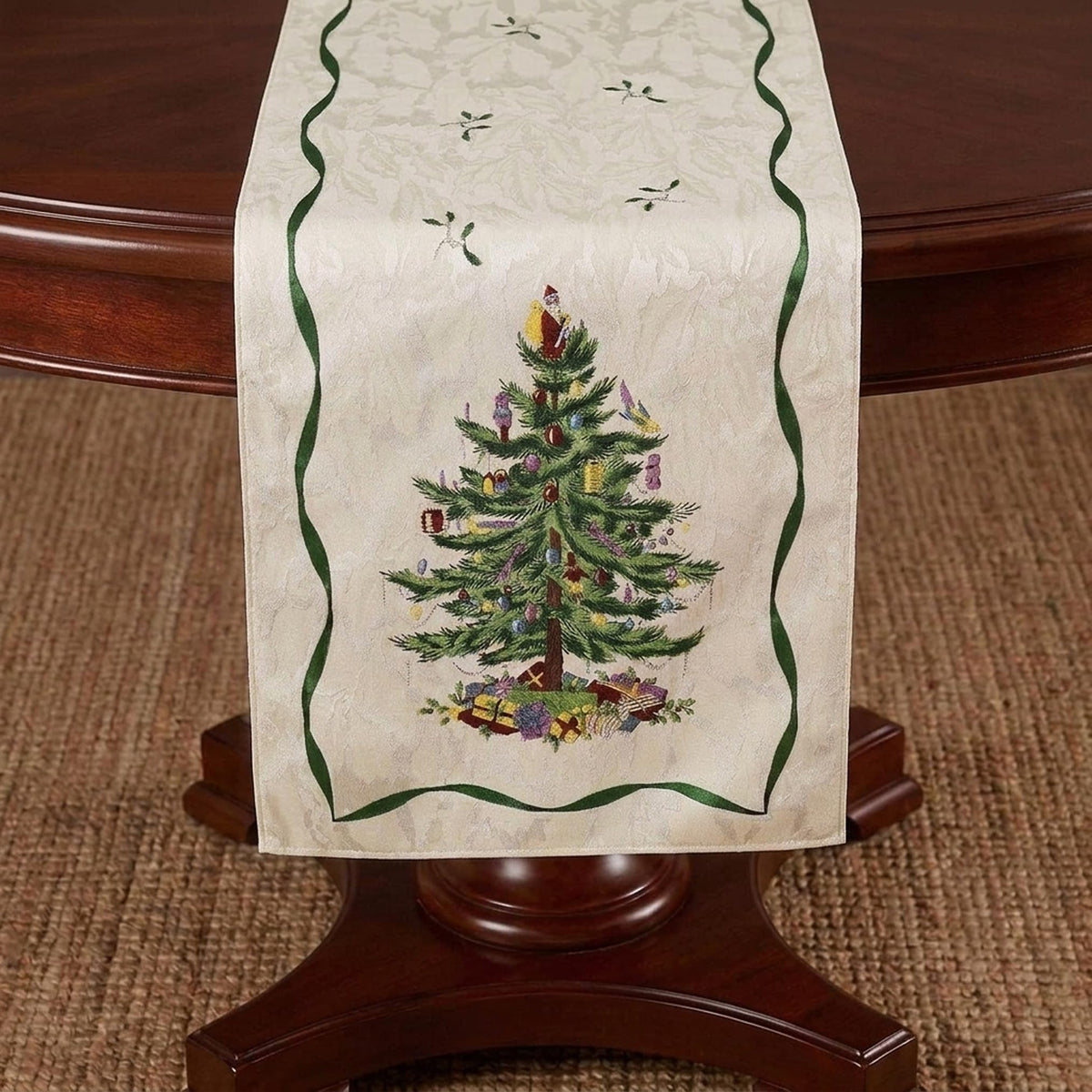 Spode chemin de table face montrant motif sapin et houx pour une table festive