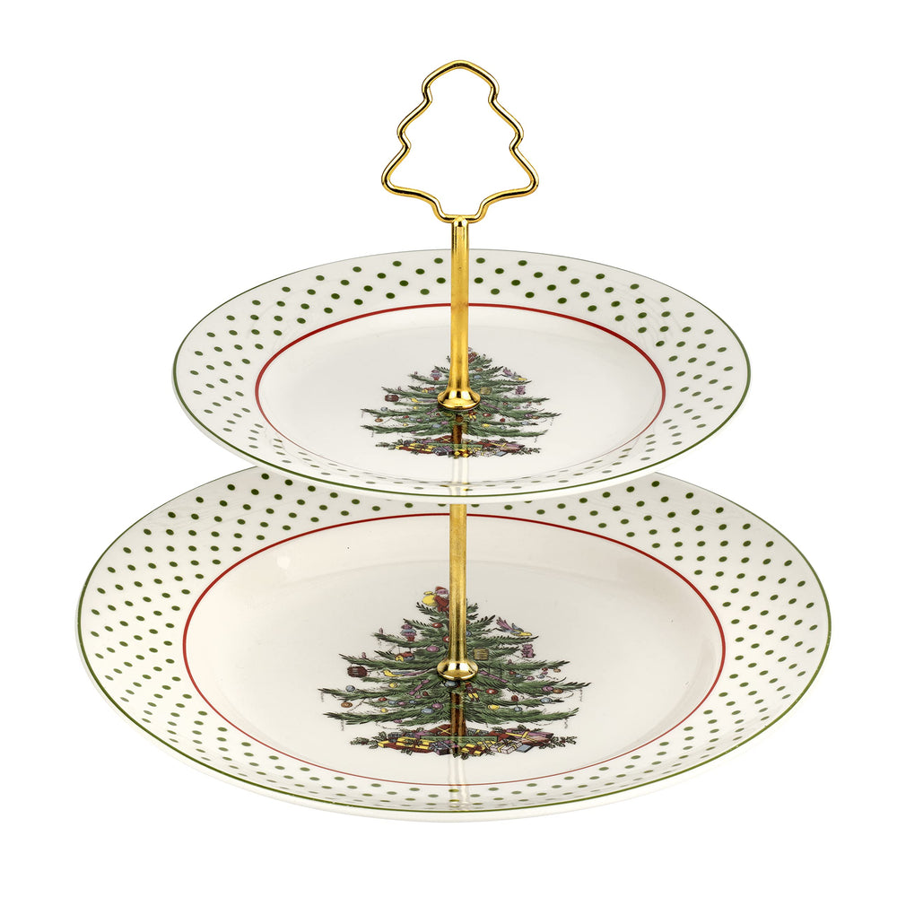 Spode présentoir face avant montrant les deux plateaux et le motif festif, belle présentation