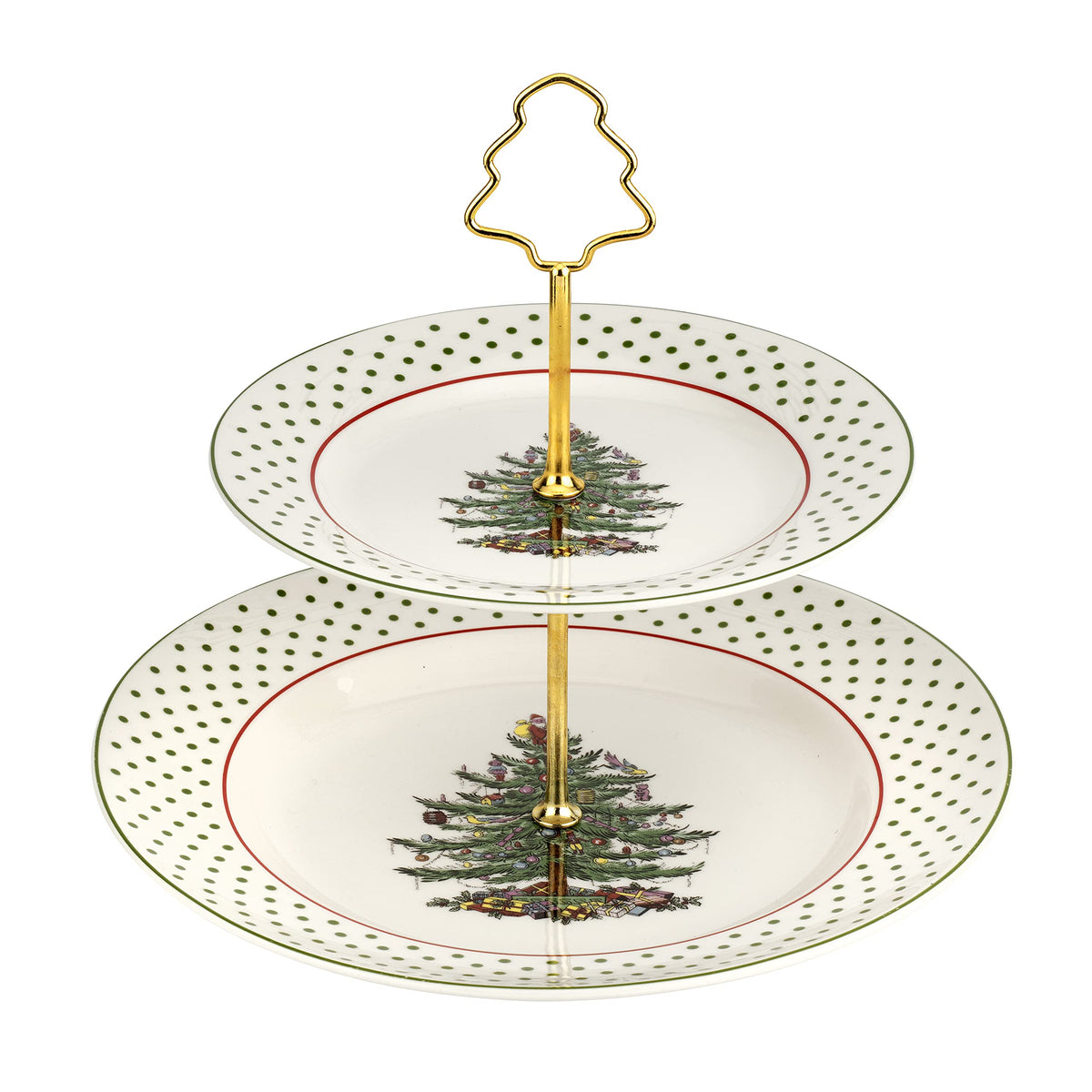 Spode présentoir face avant montrant les deux plateaux et le motif festif, belle présentation