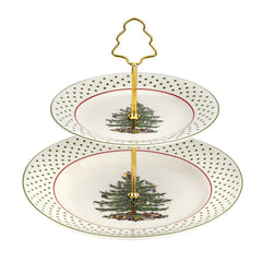 Spode présentoir face avant montrant les deux plateaux et le motif festif, belle présentation