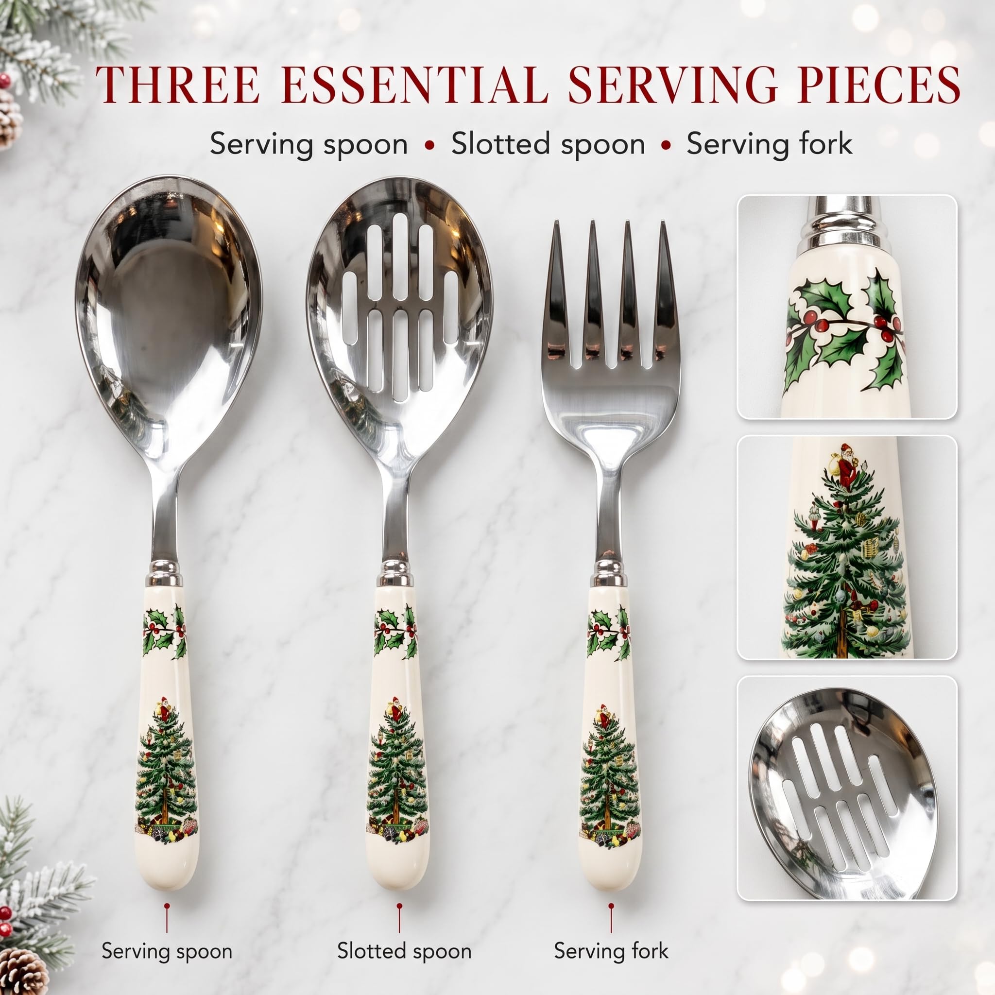 Spode gros plan du manche en porcelaine Christmas Tree pour une touche élégante