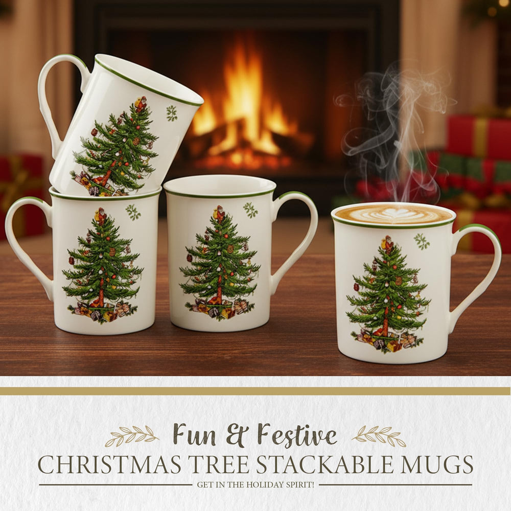 Spode mugs empilés optimisant l'espace et décor festif