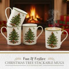 Spode mugs empilés optimisant l'espace et décor festif