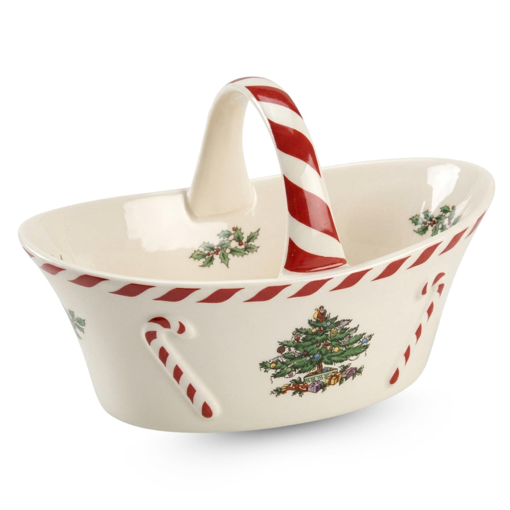 Spode panier devant montrant motif Christmas Tree, apporte charme festif