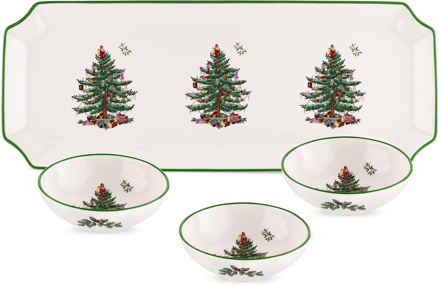 Spode plateau face montrant motif Christmas Tree et présentation soignée