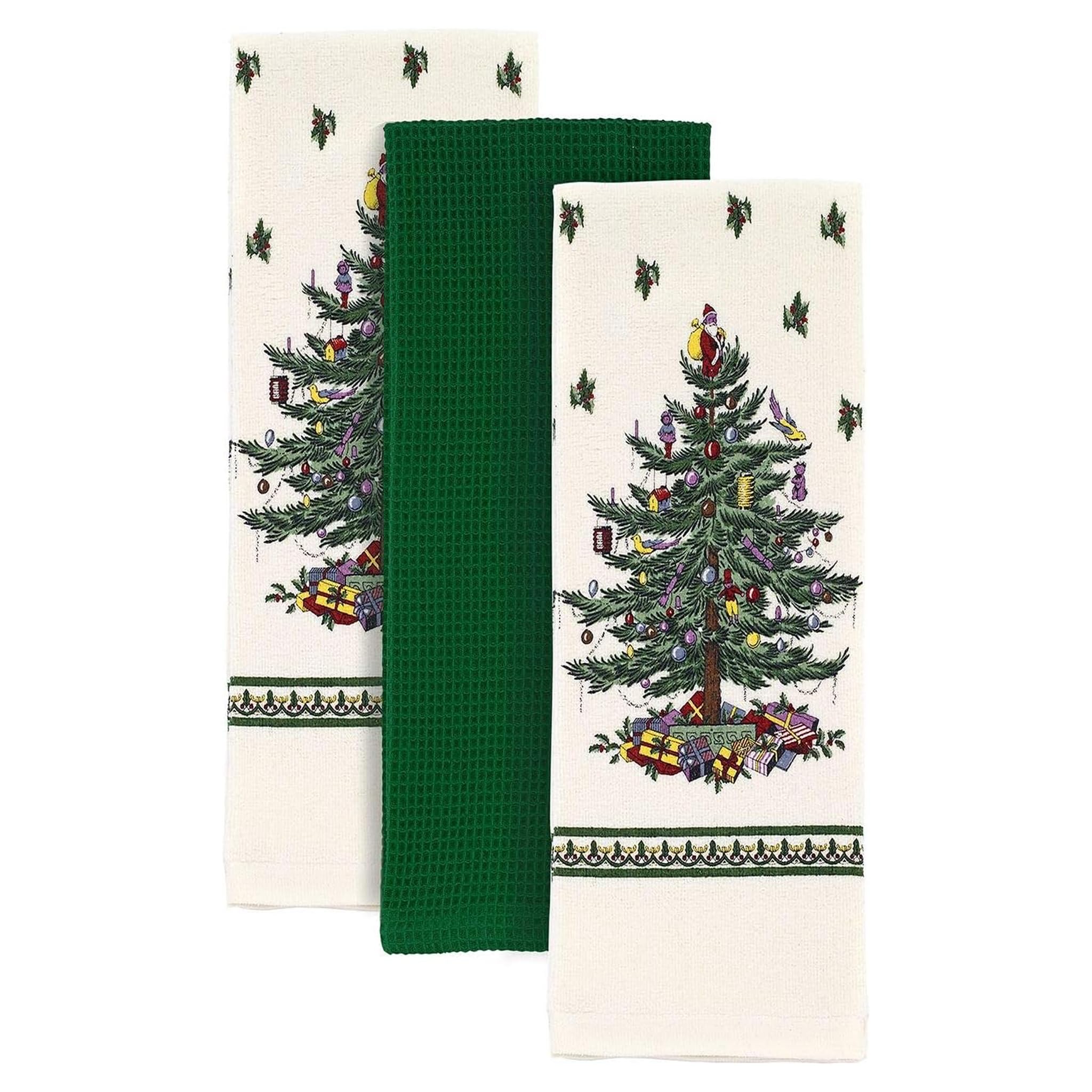 Spode packaging avant montrant le lot de trois torchons et l'esprit festif