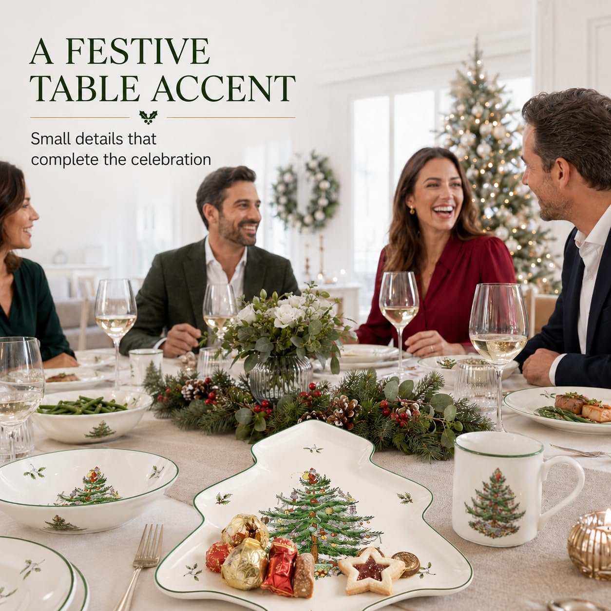 Spode plat posé sur une table de buffet, présentation élégante