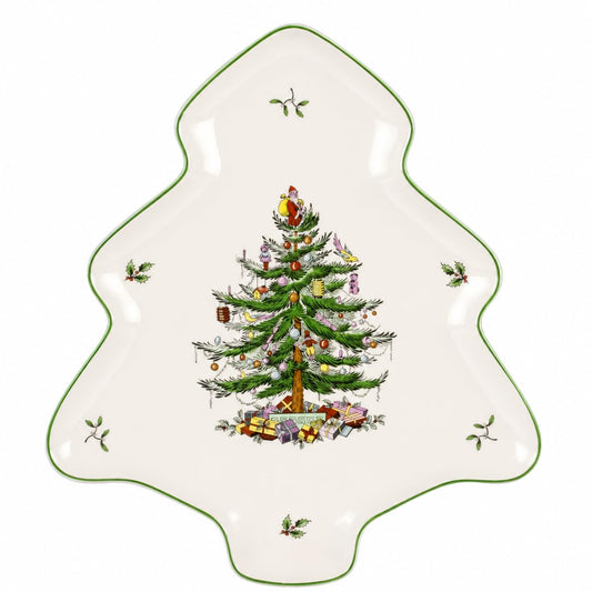 Spode plat en forme d'arbre face avant, mise en valeur festive