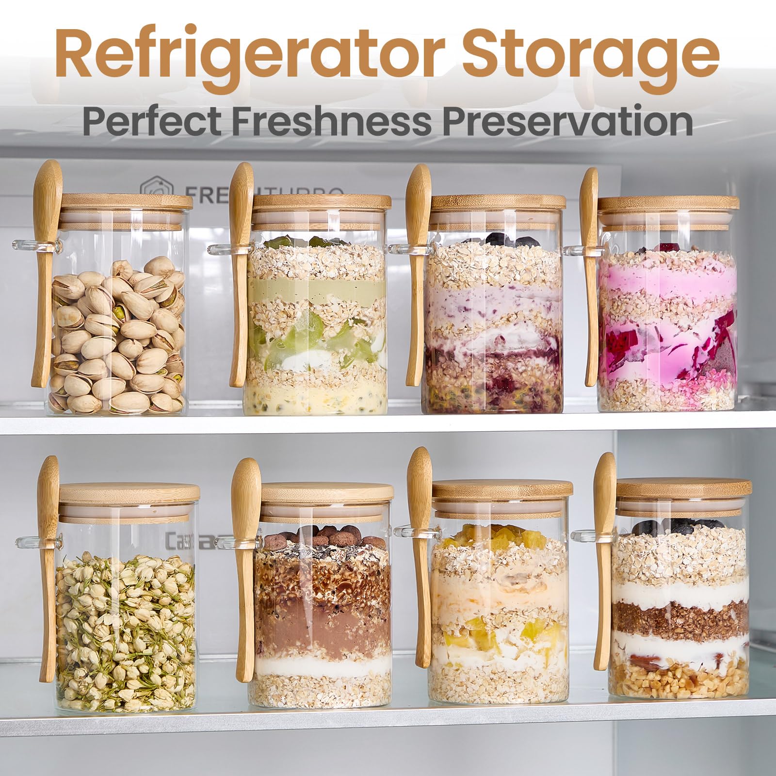 Spreccio bocaux remplis d’overnight oats illustrant conservation et présentation