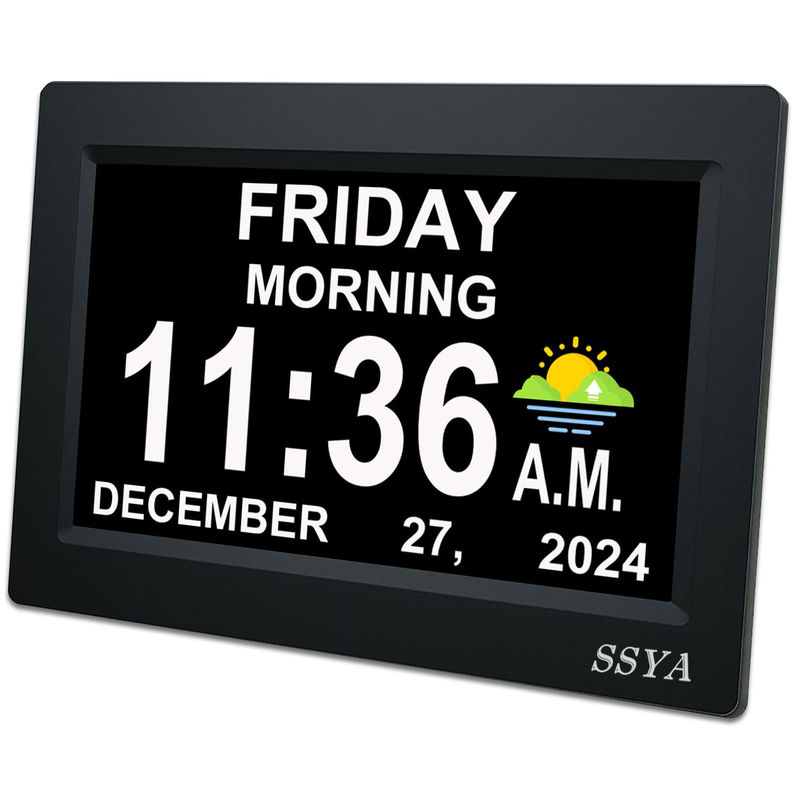 SSYA vue frontale de l'horloge 7 pouces montrant heure et date pour lecture facile