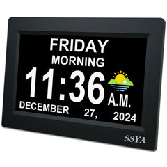 SSYA vue frontale de l'horloge 7 pouces montrant heure et date pour lecture facile