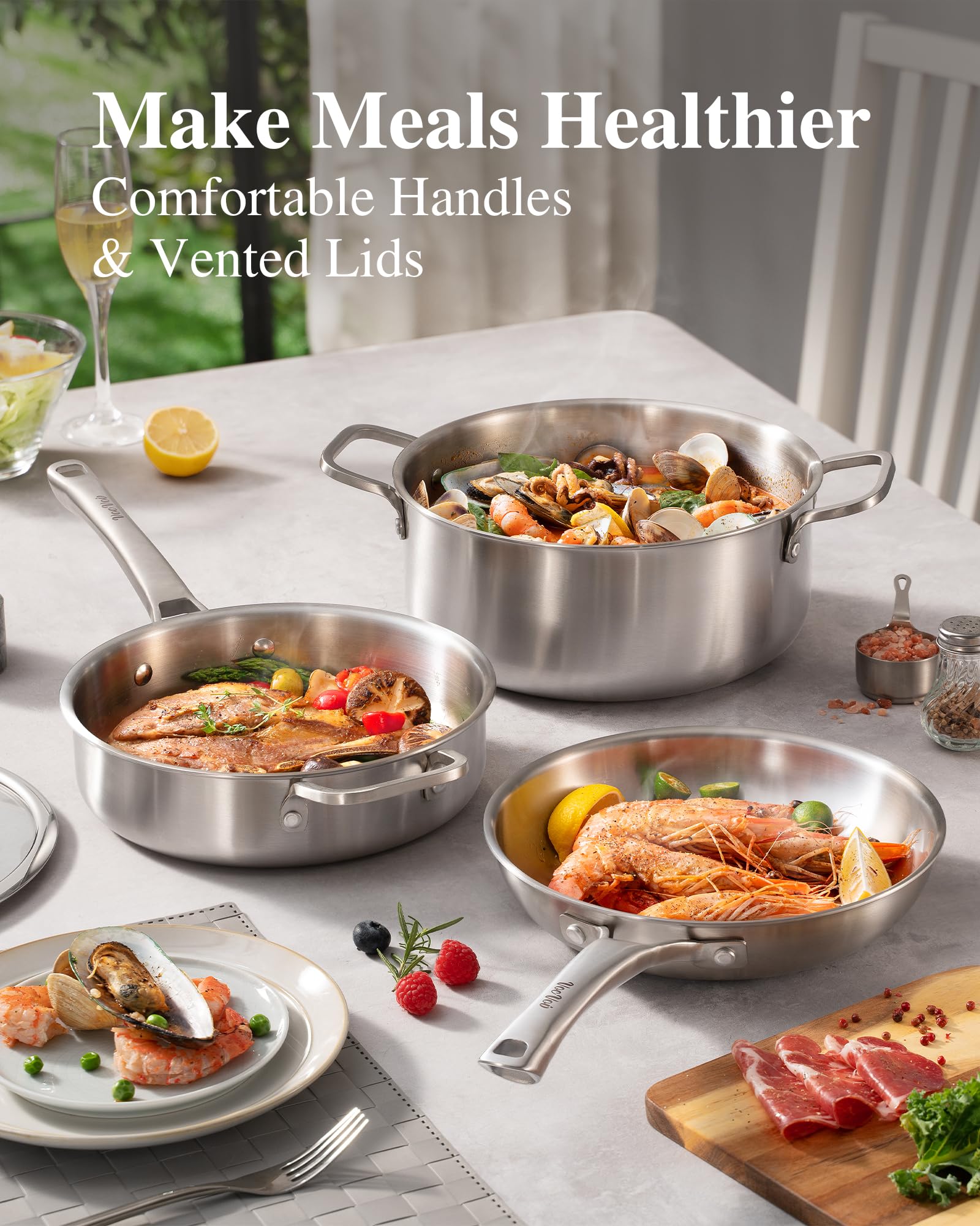 Stainless Steel Cookware Set beurrier et couvercles alignés, conservation et polyvalence