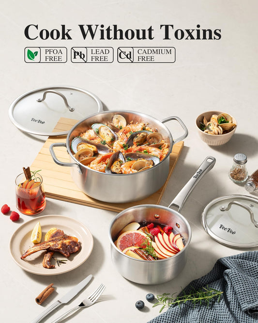 Stainless Steel Cookware Set gros plan poêle 25 cm montrant finition et distribution chaleur