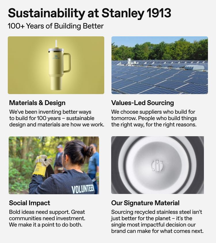 STANLEY emballage et étiquette indiquant matériaux recyclés et garantie