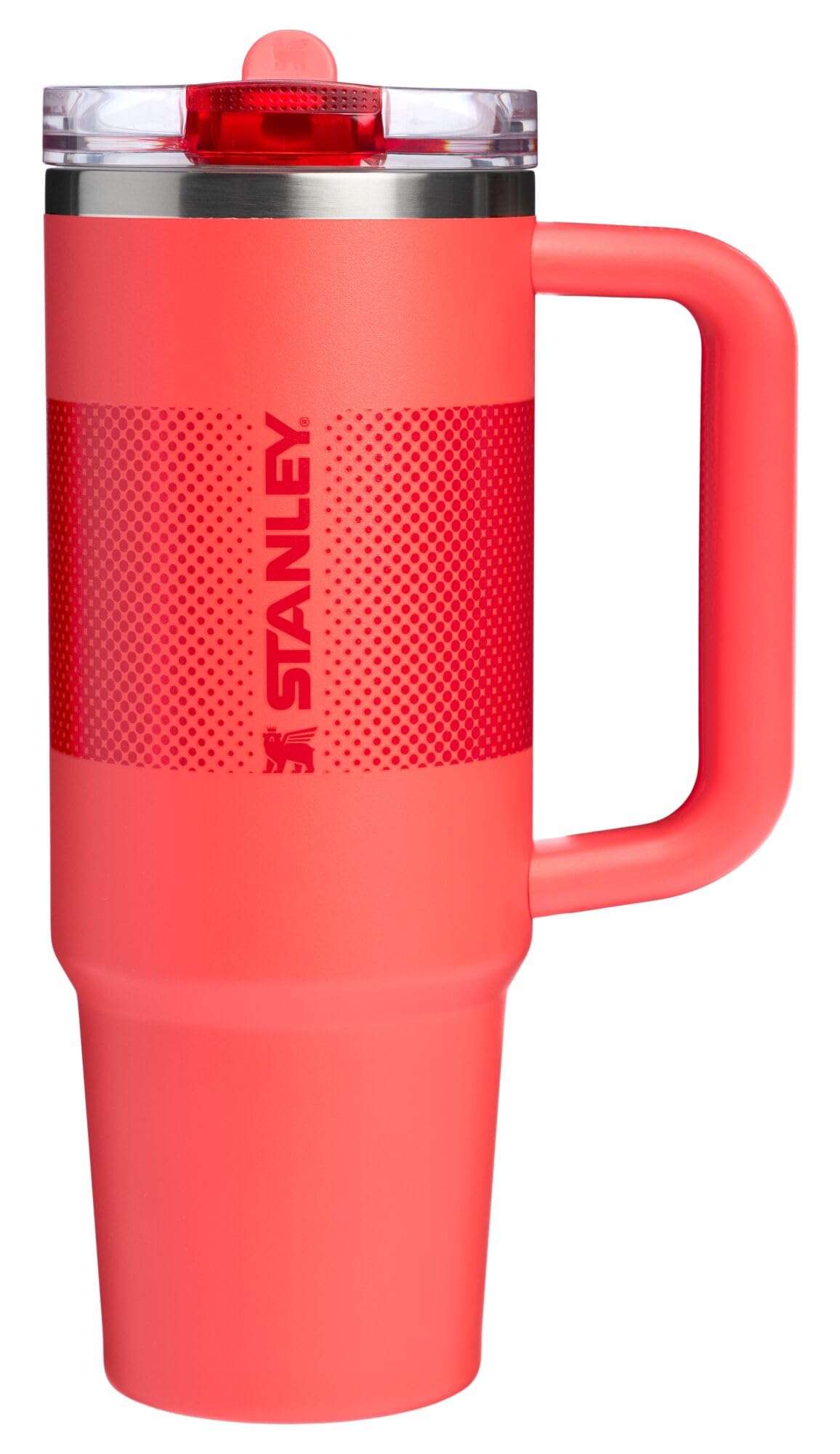 STANLEY vue avant du Quencher ProTour 30 oz montrant le design Hot Coral Fade et style