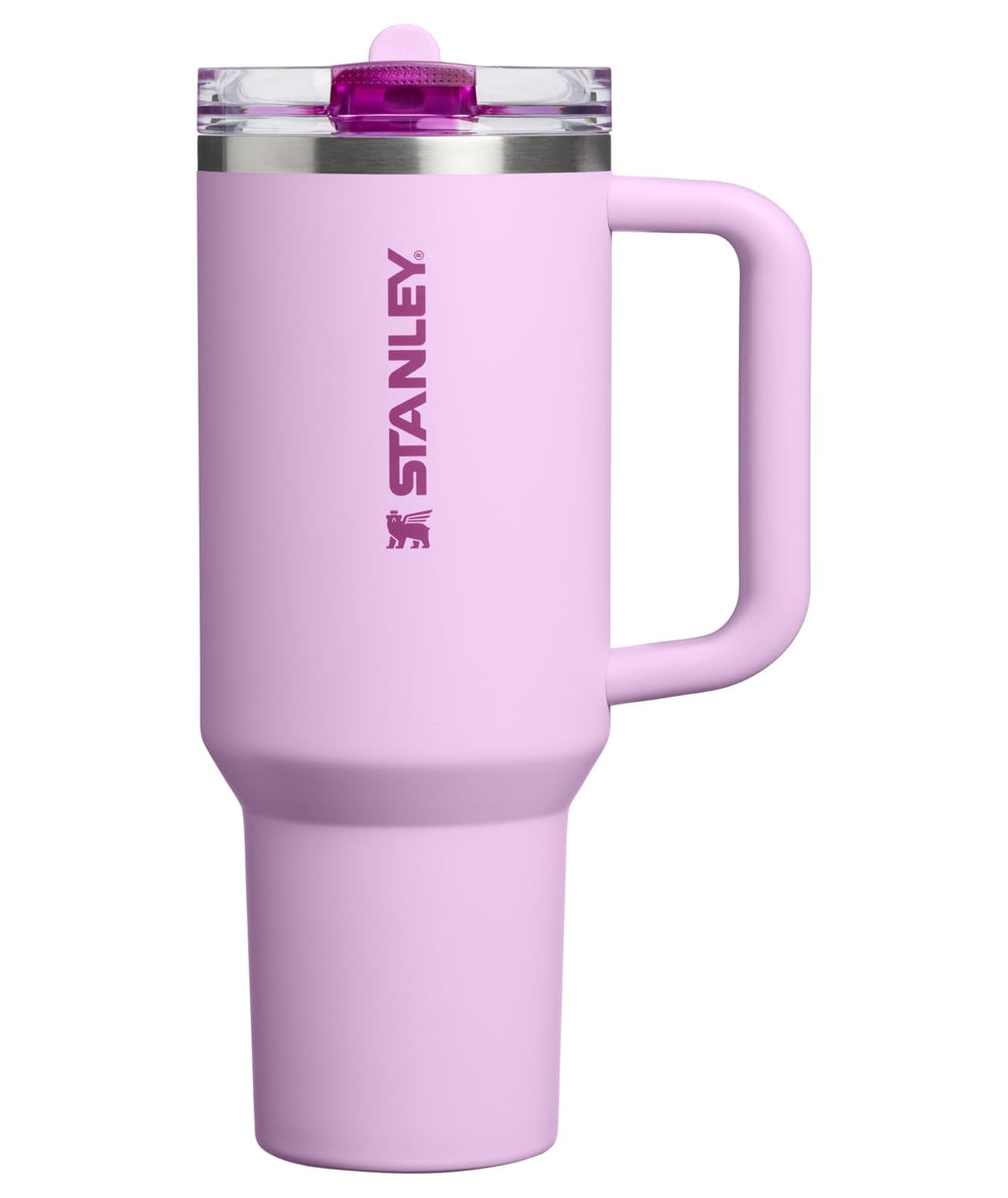 STANLEY vue avant du Quencher Soft Orchid montrant poignée et design pratique