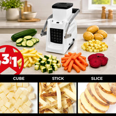 Starfrit appareil en action découpant une pomme de terre en frites rapidement