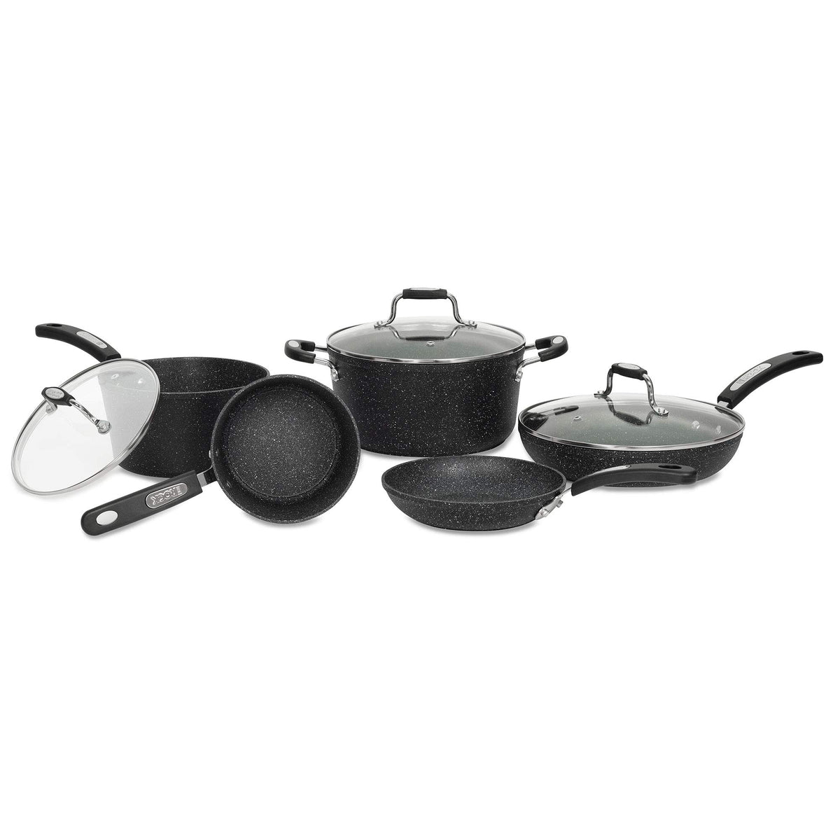 Starfrit vue avant du coffret montrant les 8 pièces et leurs couvercles, gain de place