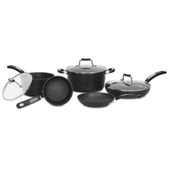 Starfrit vue avant du coffret montrant les 8 pièces et leurs couvercles, gain de place