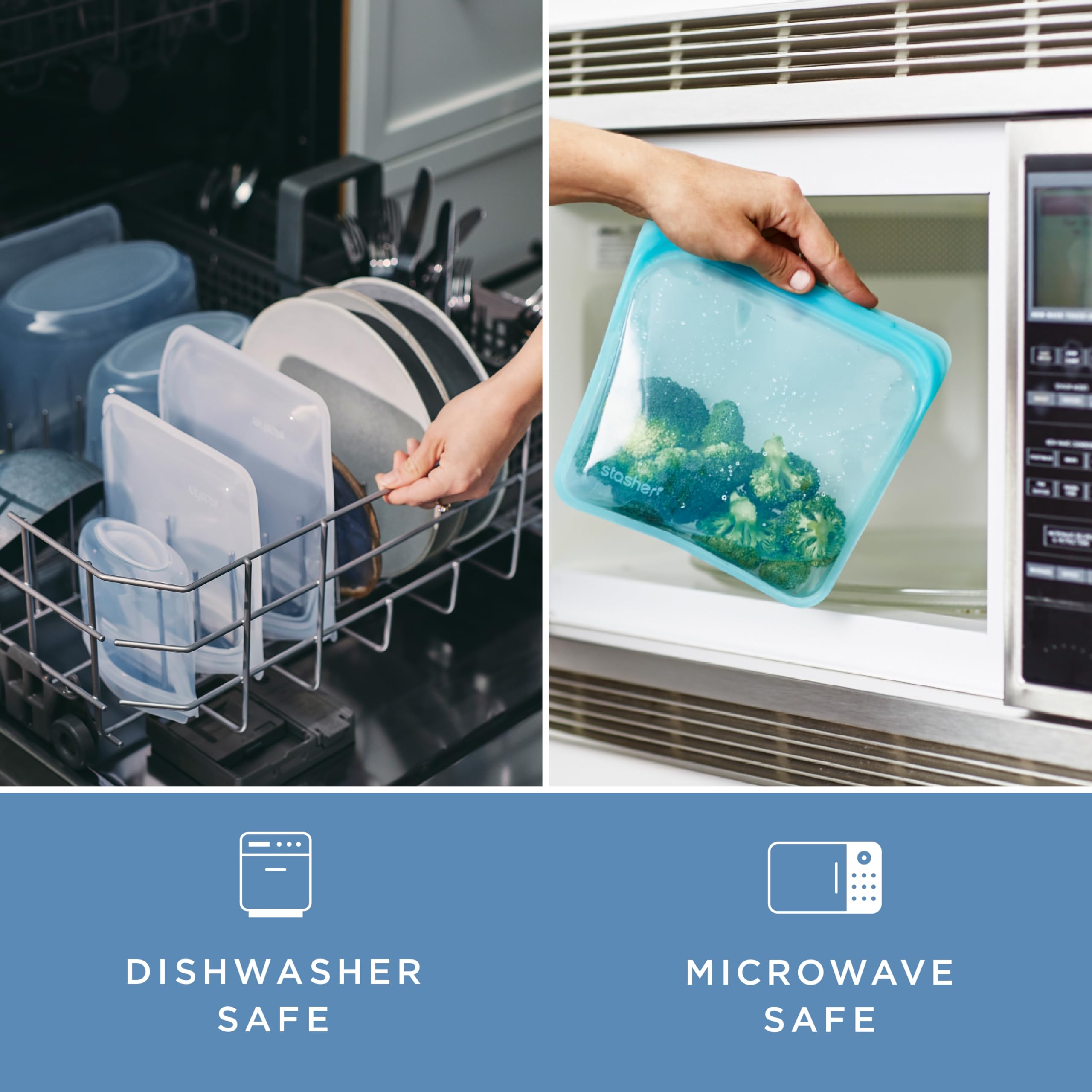 Stasher au four sur une plaque montrant compatibilité chaleur jusqu'à 425°F pour cuisiner